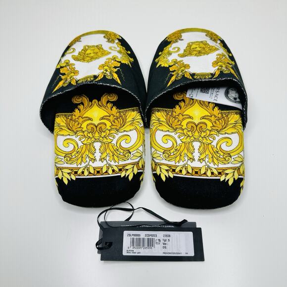 NWT Versace Medusa Slip-On Slippers Size S (6-7) Renaissance-Print Black Gold - Picture 6 of 8